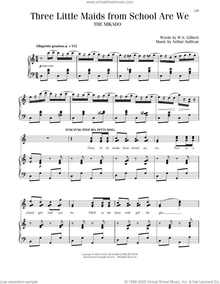 Three Little Maids sheet music for voice and piano by Gilbert & Sullivan, Arthur Sullivan and William S. Gilbert, classical score, intermediate skill level