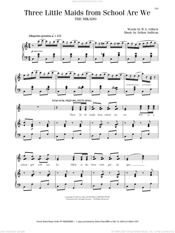 Three Little Maids sheet music for voice and piano by Gilbert & Sullivan, Arthur Sullivan and William S. Gilbert, classical score, intermediate skill level