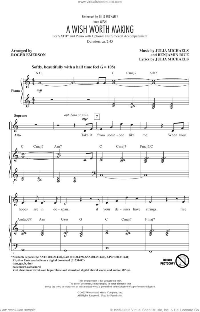 A Wish Worth Making (from Wish) (arr. Roger Emerson) sheet music for choir (SATB: soprano, alto, tenor, bass) by Julia Michaels, Roger Emerson and Benjamin Rice, intermediate skill level