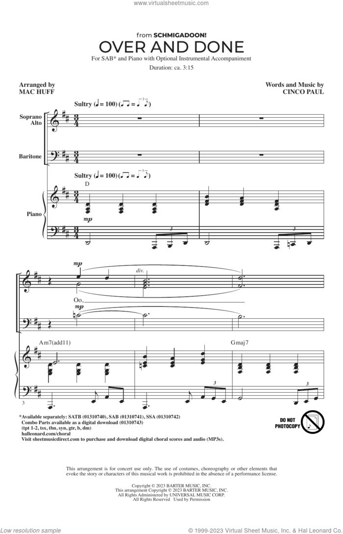 Over And Done (from Schmigadoon!) (arr. Mac Huff) sheet music for choir (SAB: soprano, alto, bass) by Cinco Paul, Mac Huff and Ariana DeBose, intermediate skill level