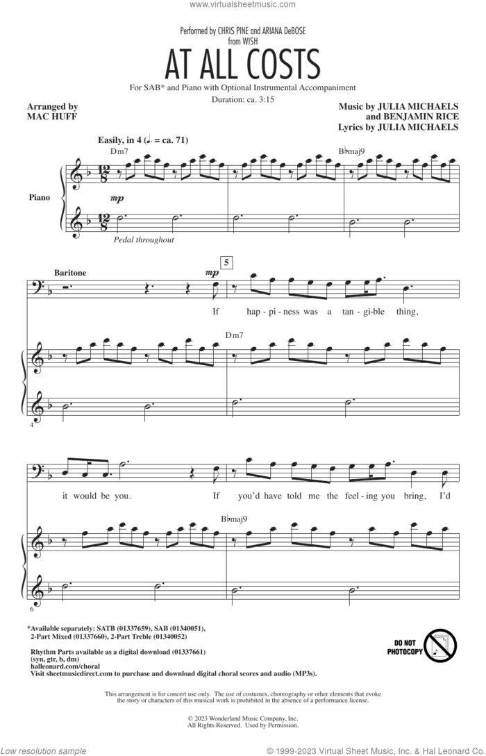 At All Costs (from Wish) (arr. Mac Huff) sheet music for choir (SAB: soprano, alto, bass) by Chris Pine and Ariana DeBose, Mac Huff, Ariana DeBose, Chris Pine, Benjamin Rice and Julia Michaels, intermediate skill level