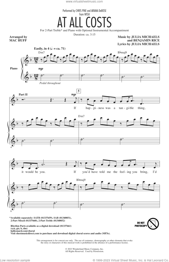 At All Costs (from Wish) (arr. Mac Huff) sheet music for choir (2-Part Treble) by Chris Pine and Ariana DeBose, Mac Huff, Ariana DeBose, Chris Pine, Benjamin Rice and Julia Michaels, intermediate skill level