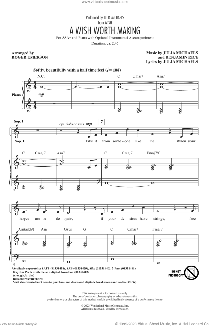 A Wish Worth Making (from Wish) (arr. Roger Emerson) sheet music for choir (SSA: soprano, alto) by Julia Michaels, Roger Emerson and Benjamin Rice, intermediate skill level
