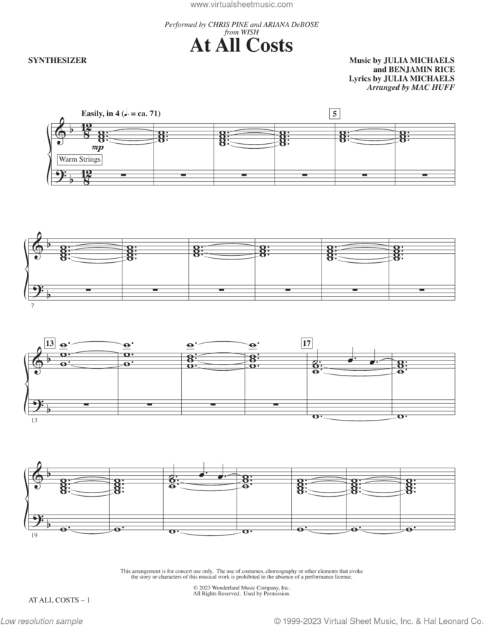 At All Costs (from Wish) (arr. Mac Huff) (complete set of parts) sheet music for orchestra/band (Rhythm) by Chris Pine and Ariana DeBose, Ariana DeBose, Benjamin Rice, Chris Pine, Julia Michaels and Mac Huff, intermediate skill level