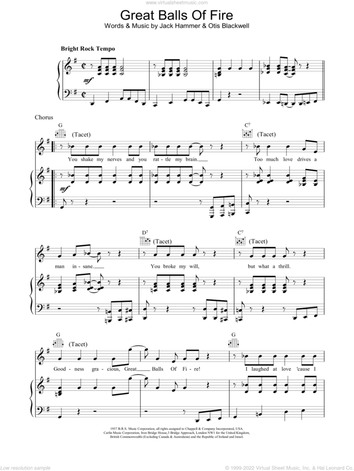 Great Balls Of Fire sheet music for voice, piano or guitar by Jerry Lee Lewis, Jack Hammer and Otis Blackwell, intermediate skill level