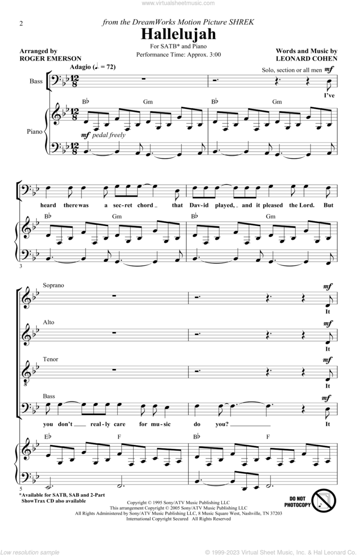 Hallelujah (arr. Roger Emerson) sheet music for choir (SATB: soprano, alto, tenor, bass) by Leonard Cohen and Roger Emerson, intermediate skill level