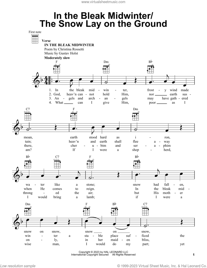 In The Bleak Midwinter/The Snow Lay On The Ground sheet music for ukulele by Gustav Holst, Christina Rossetti and Miscellaneous, intermediate skill level