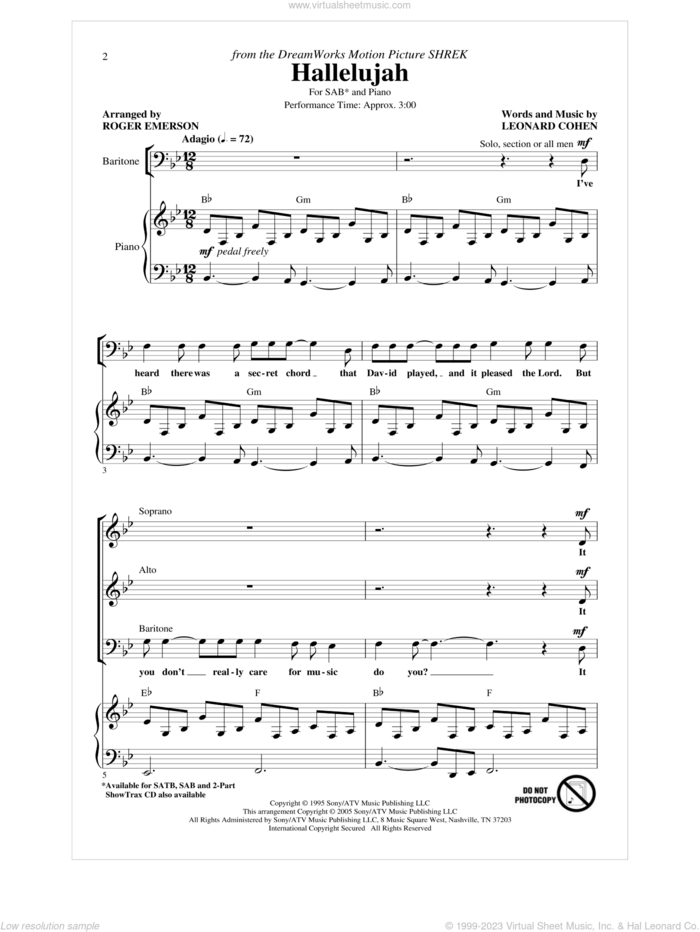 Hallelujah (arr. Roger Emerson) sheet music for choir (SAB: soprano, alto, bass) by Leonard Cohen and Roger Emerson, intermediate skill level