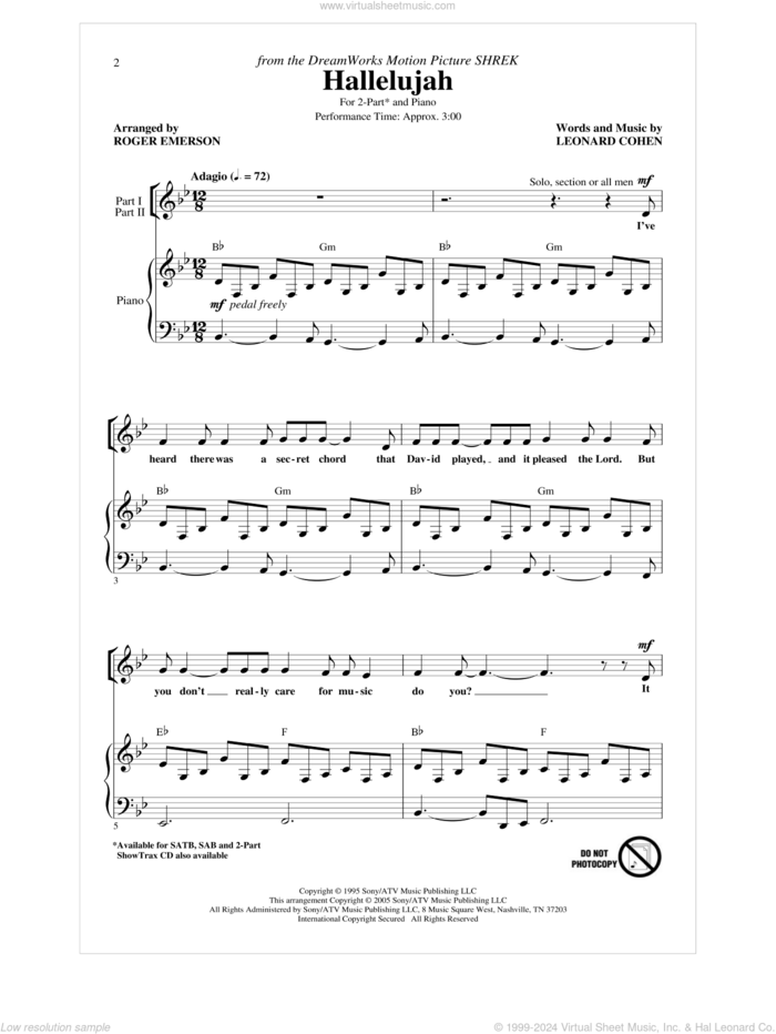 Hallelujah (arr. Roger Emerson) sheet music for choir (2-Part) by Leonard Cohen and Roger Emerson, intermediate duet