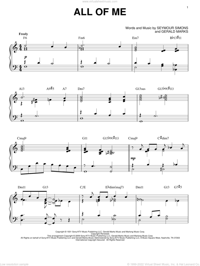 All Of Me (arr. Brent Edstrom) sheet music for piano solo by Louis Armstrong, Frank Sinatra, Willie Nelson, Gerald Marks and Seymour Simons, intermediate skill level