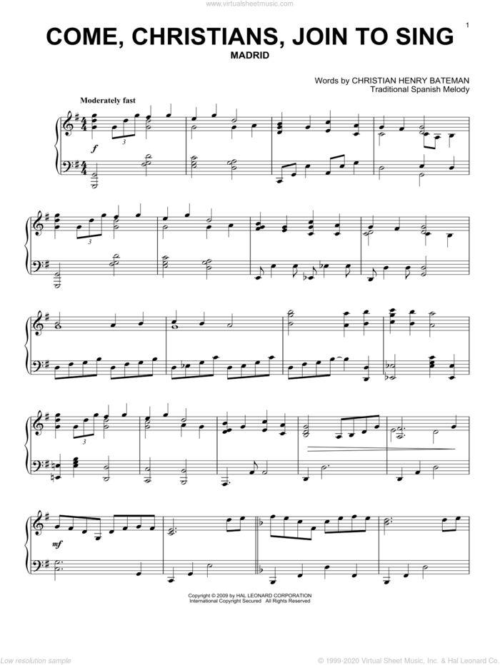 Come, Christians, Join To Sing, (intermediate) sheet music for piano solo by Christian Henry Bateman and Miscellaneous, intermediate skill level