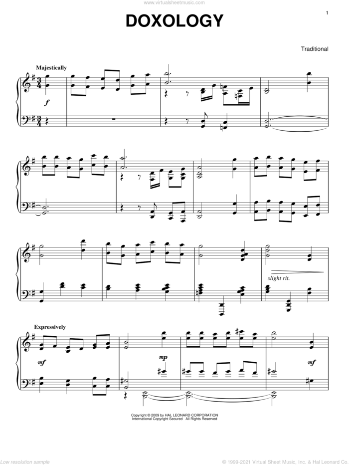 Doxology sheet music for piano solo, intermediate skill level