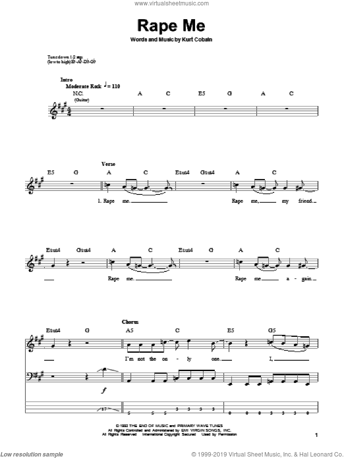 Rape Me sheet music for bass (tablature) (bass guitar) by Nirvana and Kurt Cobain, intermediate skill level
