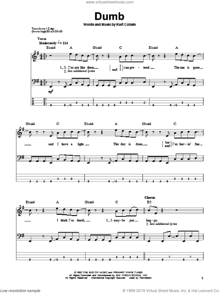 Dumb sheet music for bass (tablature) (bass guitar) by Nirvana and Kurt Cobain, intermediate skill level