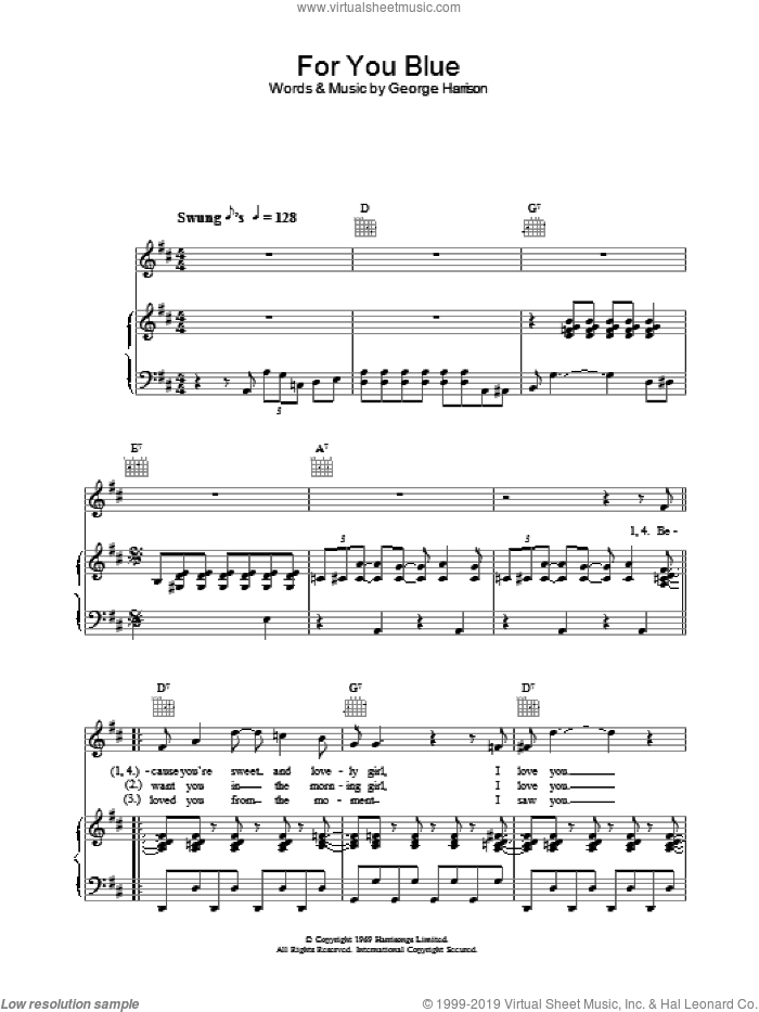 For You Blue sheet music for voice, piano or guitar by The Beatles, intermediate skill level