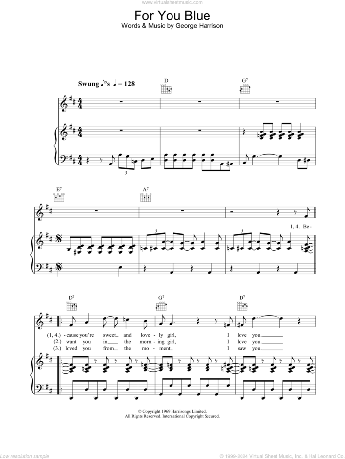 For You Blue sheet music for voice, piano or guitar by The Beatles, intermediate skill level