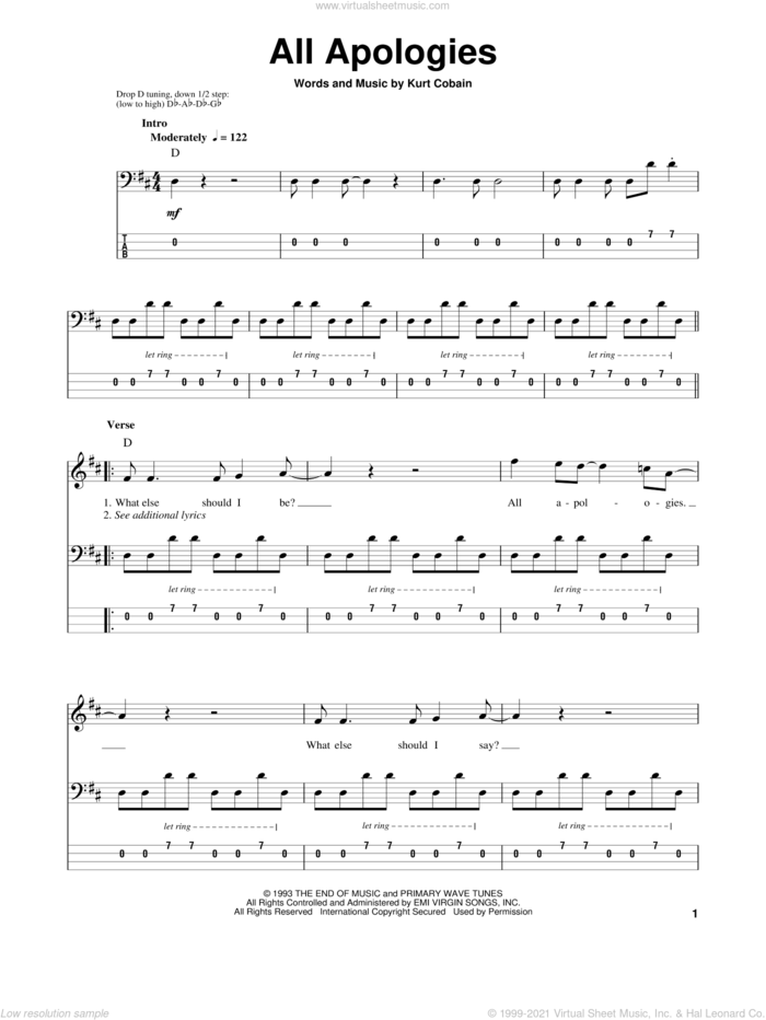 All Apologies sheet music for bass (tablature) (bass guitar) by Nirvana and Kurt Cobain, intermediate skill level
