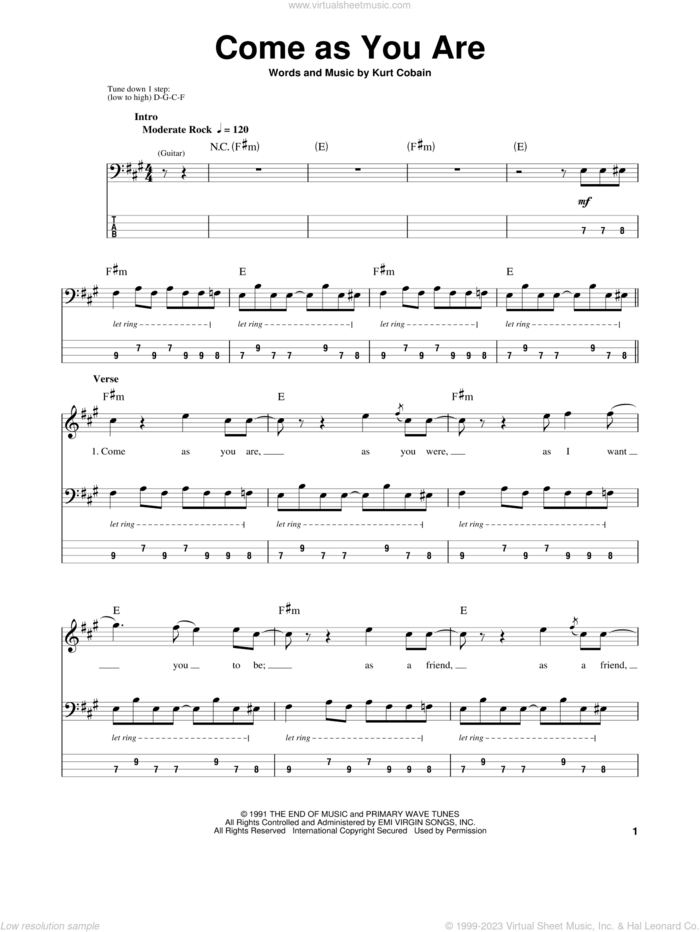 Come As You Are sheet music for bass (tablature) (bass guitar) by Nirvana and Kurt Cobain, intermediate skill level