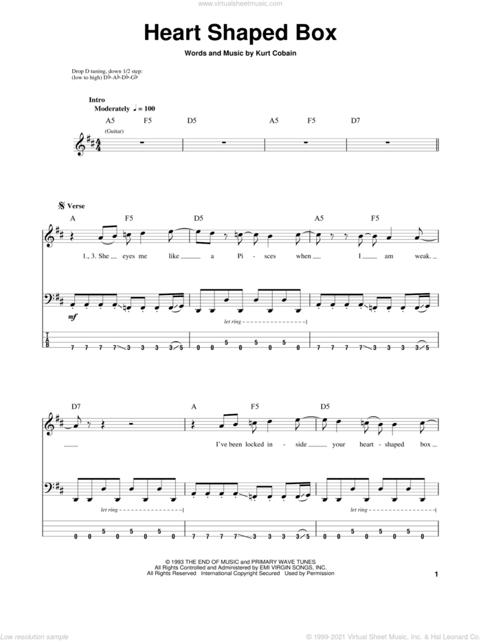 Heart Shaped Box sheet music for bass (tablature) (bass guitar) by Nirvana and Kurt Cobain, intermediate skill level