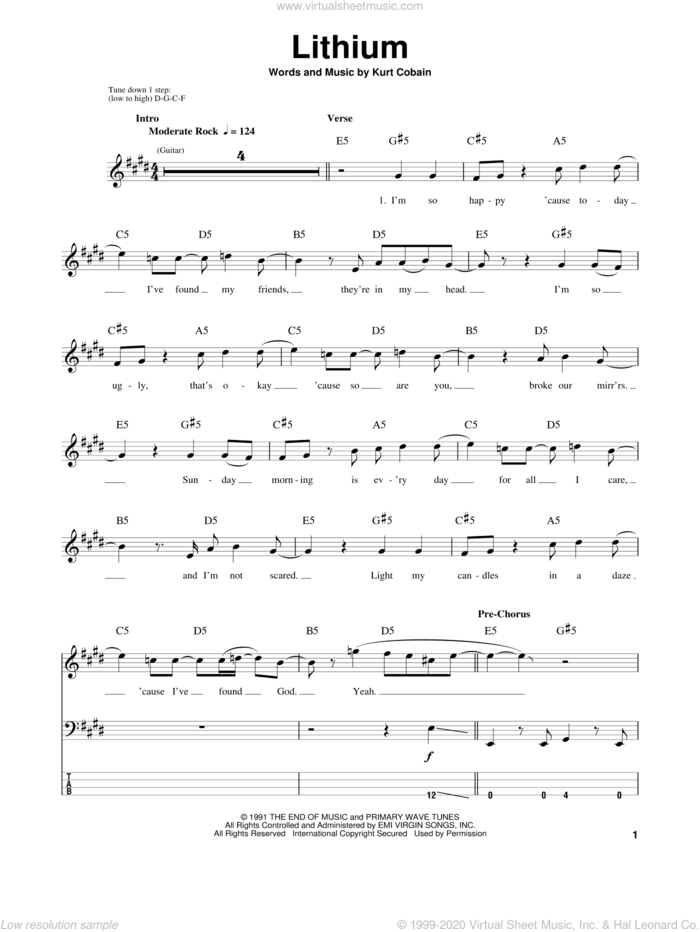 Lithium sheet music for bass (tablature) (bass guitar) by Nirvana and Kurt Cobain, intermediate skill level