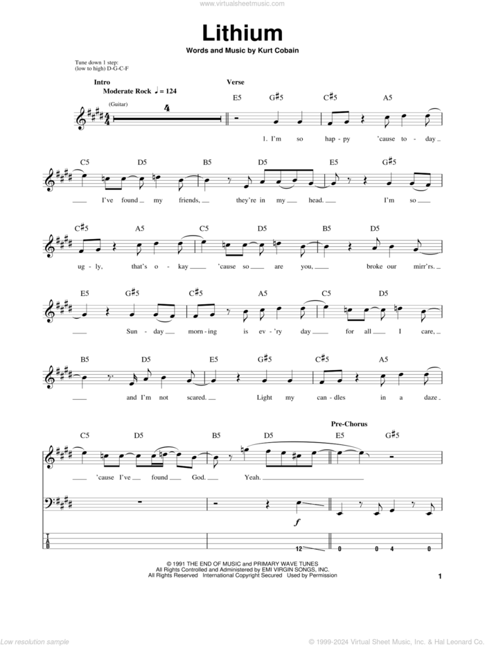 Lithium sheet music for bass (tablature) (bass guitar) by Nirvana and Kurt Cobain, intermediate skill level