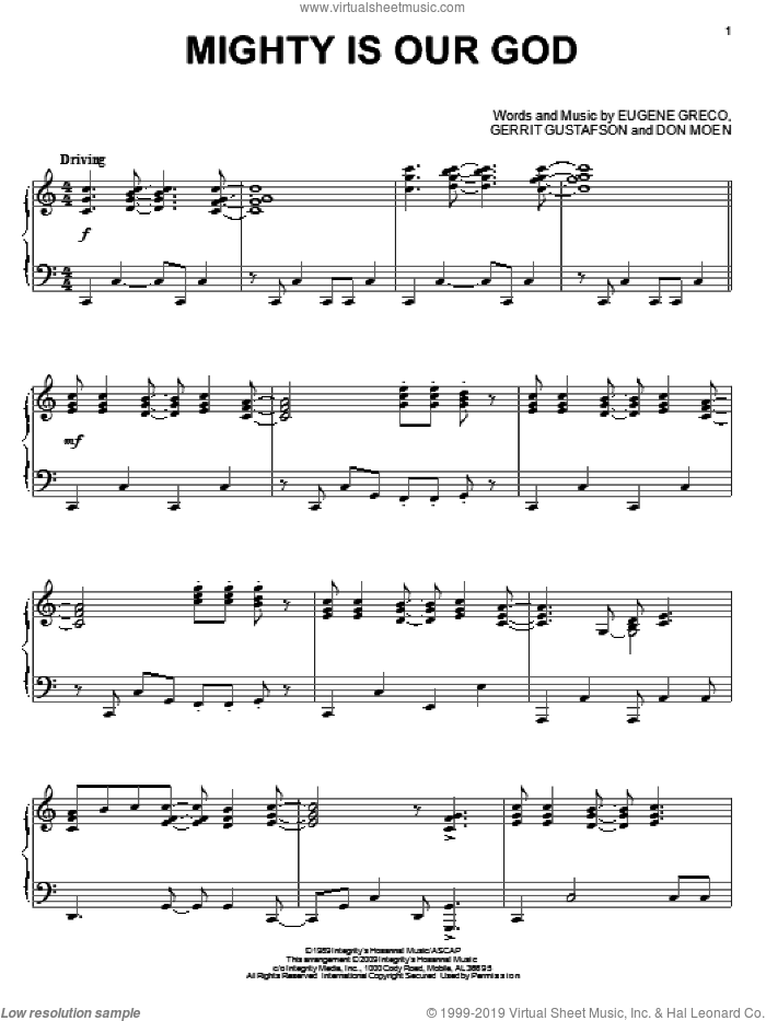 Mighty Is Our God, (intermediate) sheet music for piano solo by Eugene Greco, Don Moen and Gerrit Gustafson, intermediate skill level