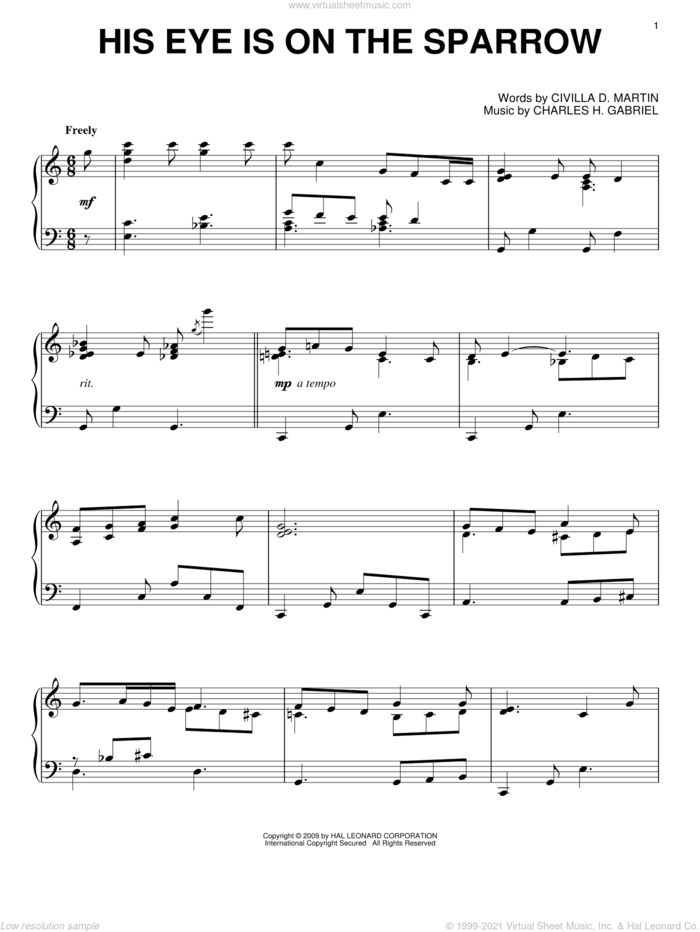 His Eye Is On The Sparrow, (intermediate) sheet music for piano solo by Mahalia Jackson, Marvin Gaye, Charles H. Gabriel and Civilla D. Martin, intermediate skill level