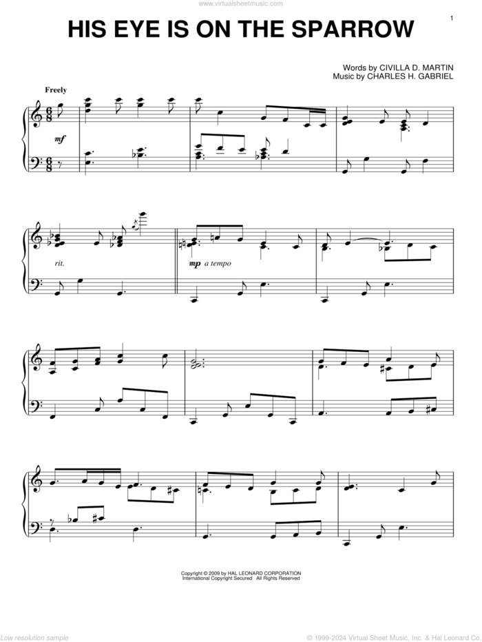 His Eye Is On The Sparrow, (intermediate) sheet music for piano solo by Mahalia Jackson, Marvin Gaye, Charles H. Gabriel and Civilla D. Martin, intermediate skill level