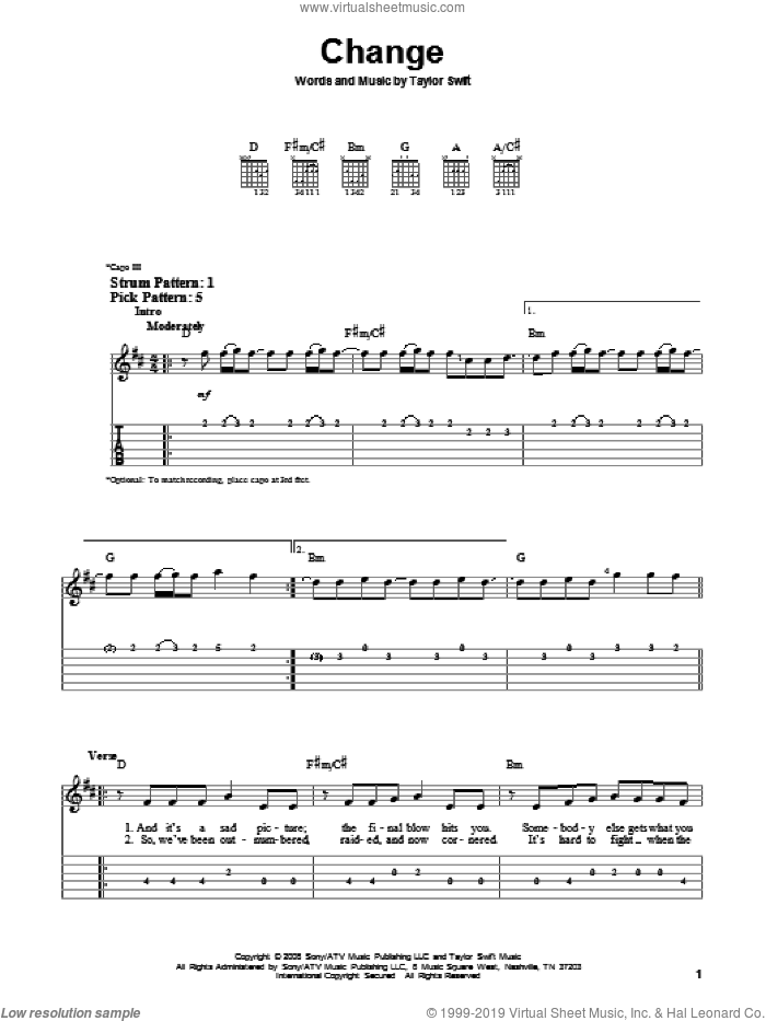 Change sheet music for guitar solo (easy tablature) by Taylor Swift, easy guitar (easy tablature)