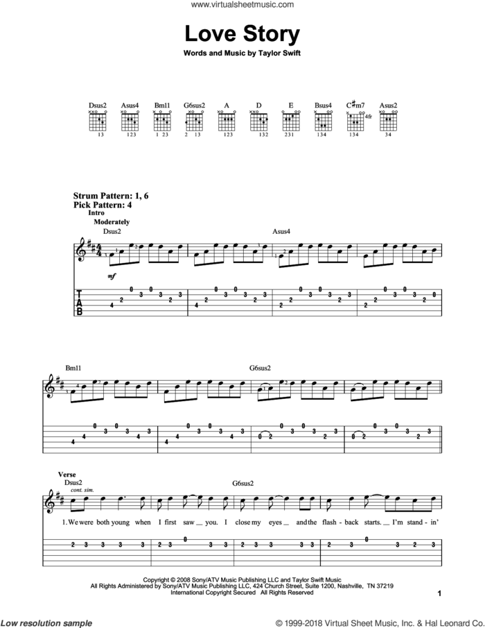 Love Story sheet music for guitar solo (easy tablature) by Taylor Swift, easy guitar (easy tablature)