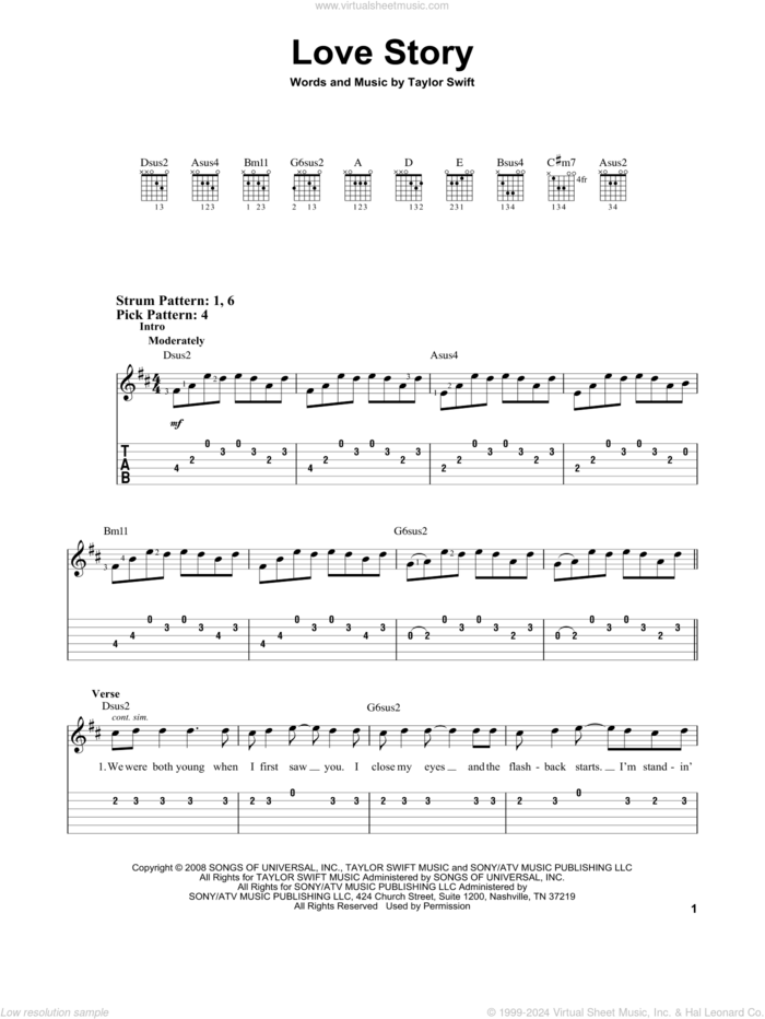 Love Story sheet music for guitar solo (easy tablature) by Taylor Swift, easy guitar (easy tablature)