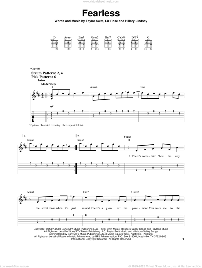 Fearless sheet music for guitar solo (easy tablature) by Taylor Swift, Hillary Lindsey and Liz Rose, easy guitar (easy tablature)