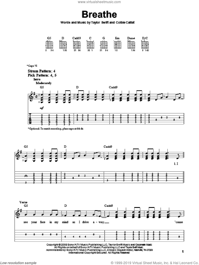 Breathe sheet music for guitar solo (easy tablature) by Taylor Swift and Colbie Caillat, easy guitar (easy tablature)