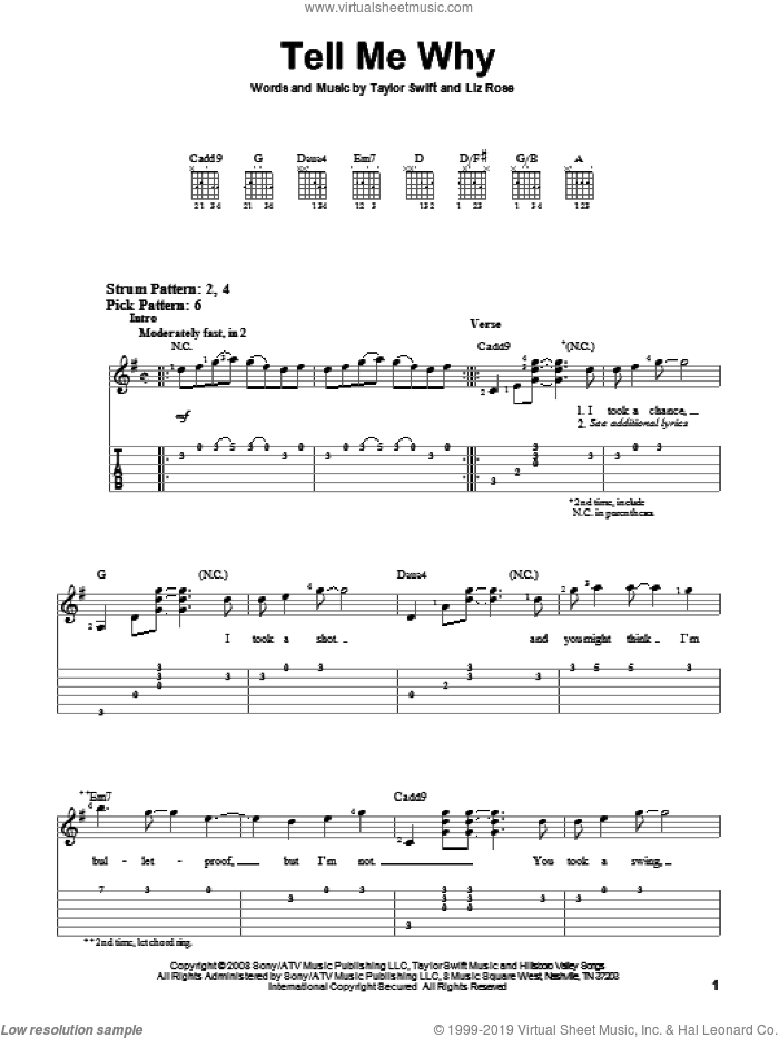 Tell Me Why sheet music for guitar solo (easy tablature) by Taylor Swift and Liz Rose, easy guitar (easy tablature)