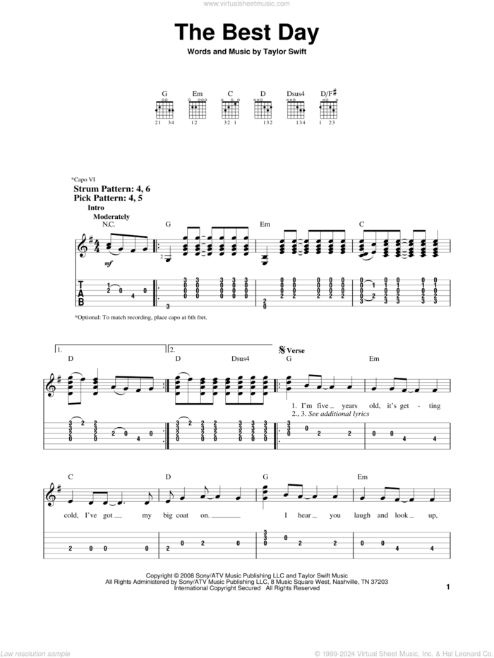 The Best Day sheet music for guitar solo (easy tablature) by Taylor Swift, easy guitar (easy tablature)