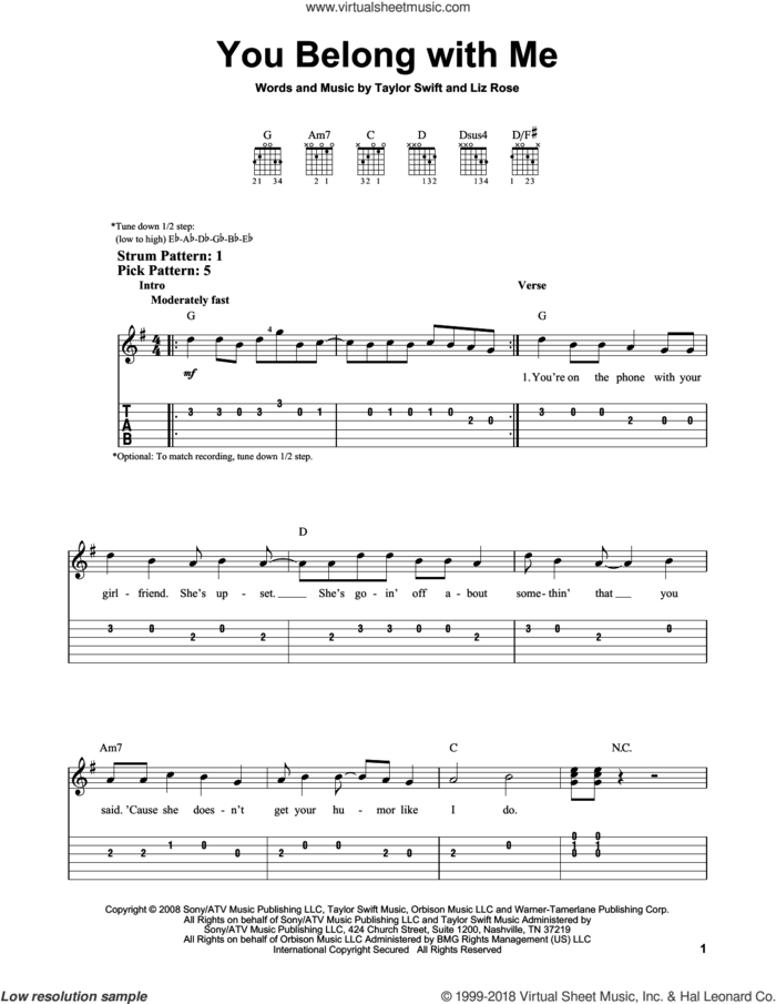 You Belong With Me sheet music for guitar solo (easy tablature) by Taylor Swift and Liz Rose, easy guitar (easy tablature)