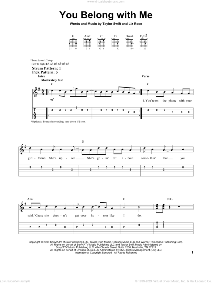 You Belong With Me sheet music for guitar solo (easy tablature) by Taylor Swift and Liz Rose, easy guitar (easy tablature)