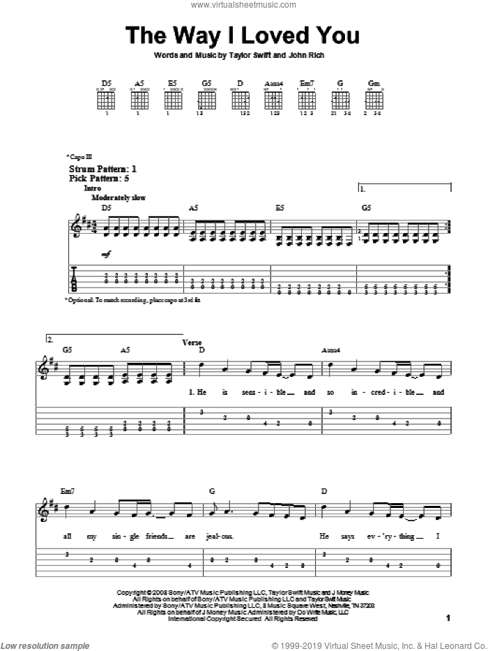 The Way I Loved You sheet music for guitar solo (easy tablature) by Taylor Swift and John Rich, easy guitar (easy tablature)