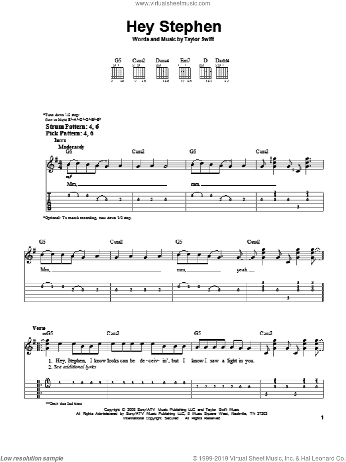 Hey Stephen sheet music for guitar solo (easy tablature) by Taylor Swift, easy guitar (easy tablature)