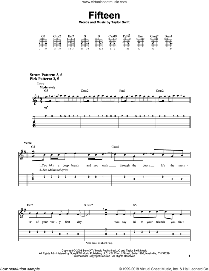 Fifteen sheet music for guitar solo (easy tablature) by Taylor Swift, easy guitar (easy tablature)