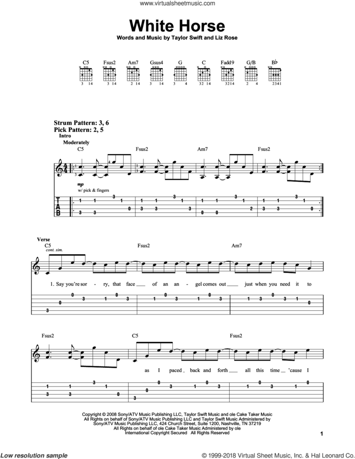 White Horse sheet music for guitar solo (easy tablature) by Taylor Swift and Liz Rose, easy guitar (easy tablature)