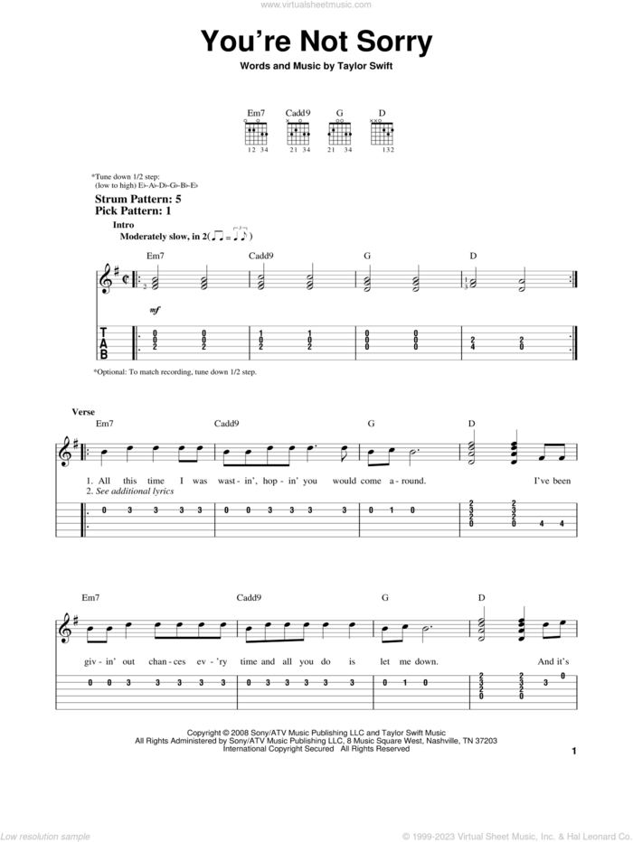 You're Not Sorry sheet music for guitar solo (easy tablature) by Taylor Swift, easy guitar (easy tablature)