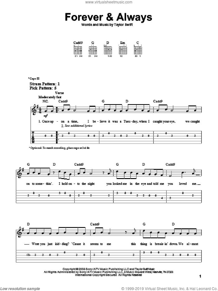 Forever and Always sheet music for guitar solo (easy tablature) by Taylor Swift, easy guitar (easy tablature)