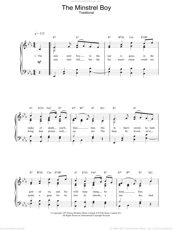 The Minstrel Boy sheet music for voice, piano or guitar, intermediate skill level