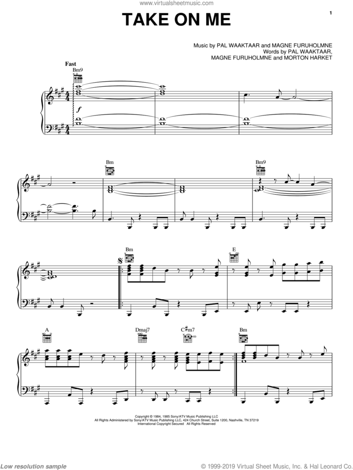 Take On Me sheet music for voice, piano or guitar by a-ha, Magne Furuholmne, Morton Harket and Pal Waaktaar, intermediate skill level