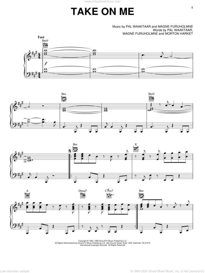 Take On Me sheet music for voice, piano or guitar by a-ha, Magne Furuholmne, Morton Harket and Pal Waaktaar, intermediate skill level