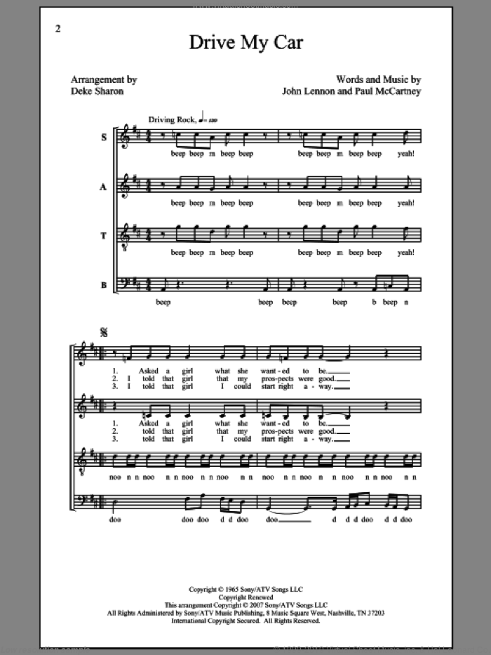 Drive My Car sheet music for choir (SATB: soprano, alto, tenor, bass) by Paul McCartney, John Lennon, Deke Sharon and The Beatles, intermediate skill level