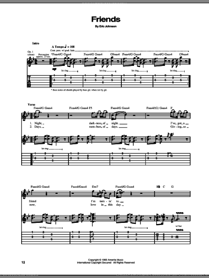 Friends sheet music for guitar (tablature) by Eric Johnson, intermediate skill level
