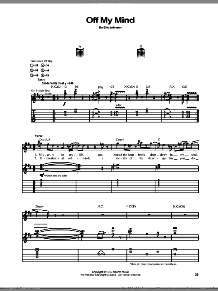 Off My Mind sheet music for guitar (tablature) by Eric Johnson, intermediate skill level