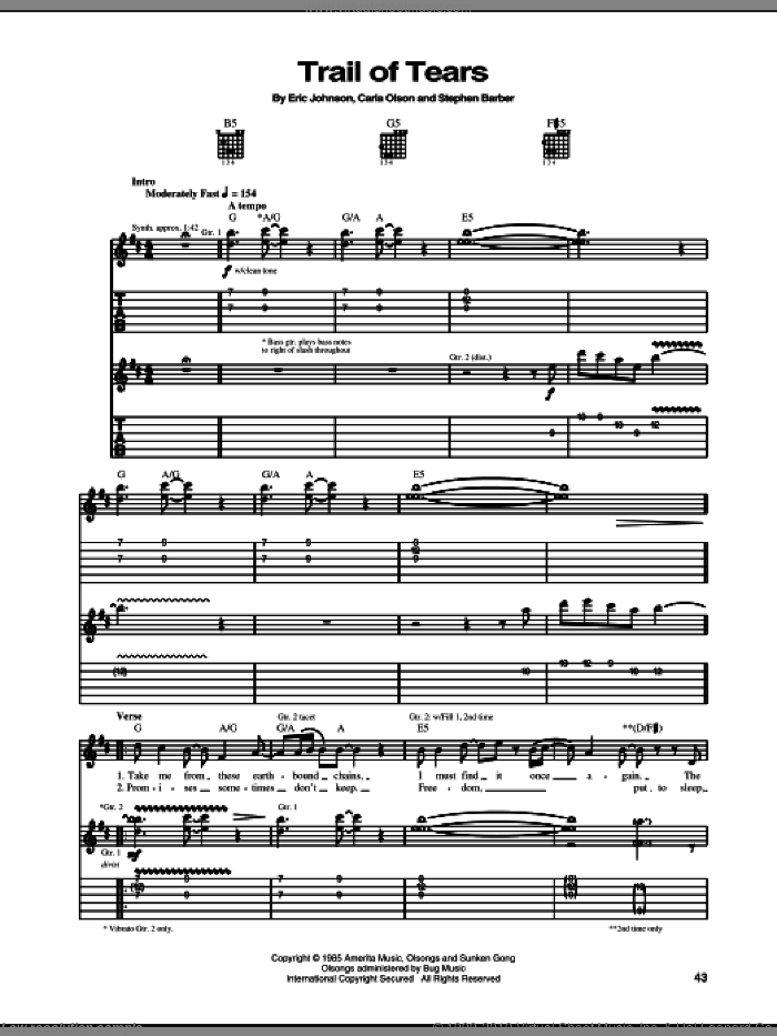 Trail Of Tears sheet music for guitar (tablature) by Eric Johnson and Carla Olson, intermediate skill level